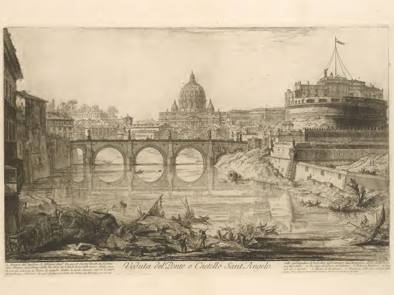 Roma - Veduta del Ponte e Castel Sant'Angelo; incisione (1748).